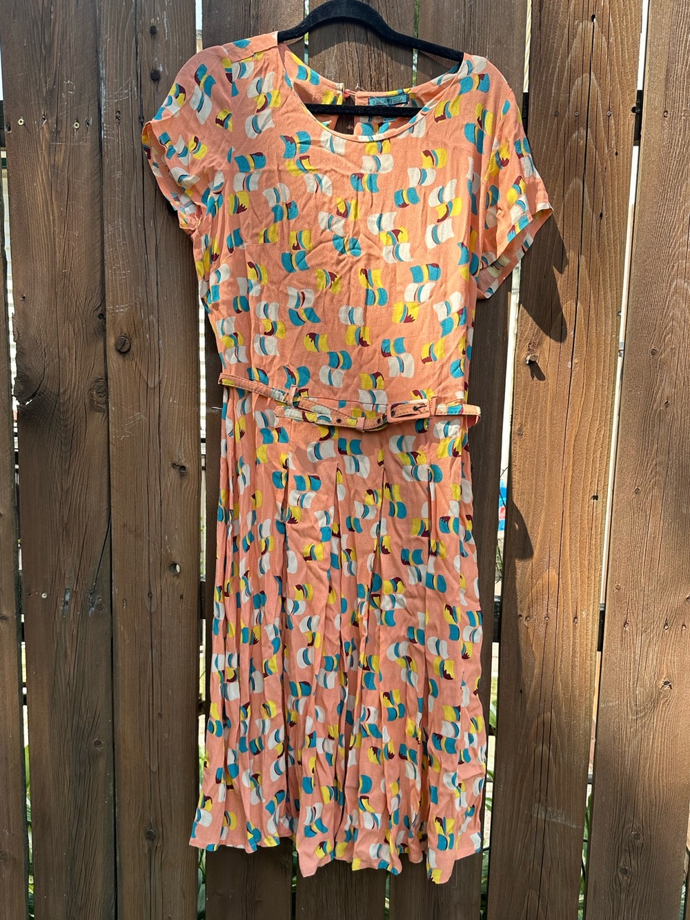 Louie Lucie Peach Printed Short-Sleeve Midi Dress with Waist Tie